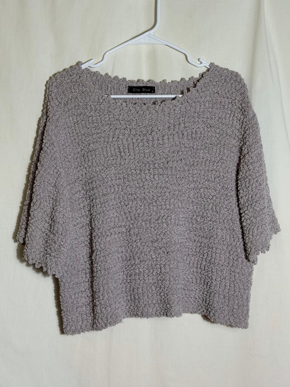 Ella Blue Popcorn Knit Sweater Large Lavender Textured Boxy Cozy Short Sleeve